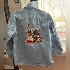 Vintage Looney Tunes Denim Shirt Kids XS Warner Bros Studio Store Embroidered